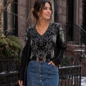 Y2k VTG Feminine Mark Cheung Shirt Sz M Black beaded sequin Mobwife Old‎ Money